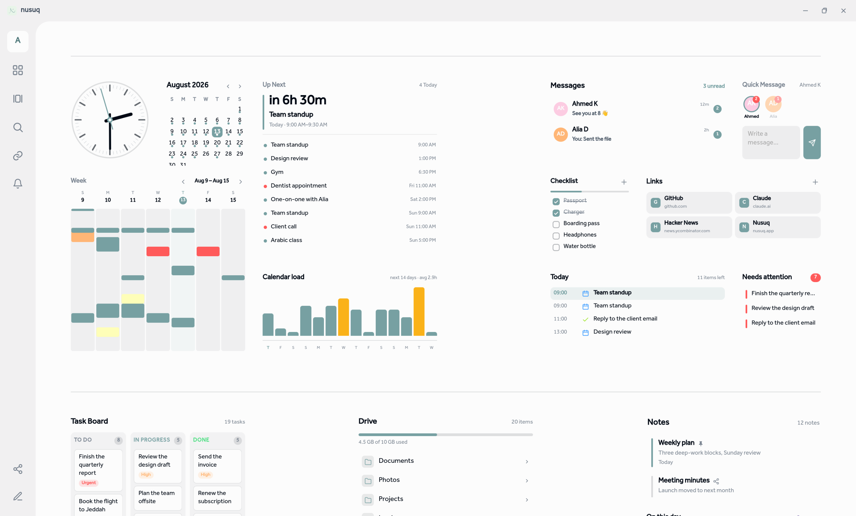 The nusuq dashboard on desktop, with calendar, tasks, notes and habit widgets arranged on one page